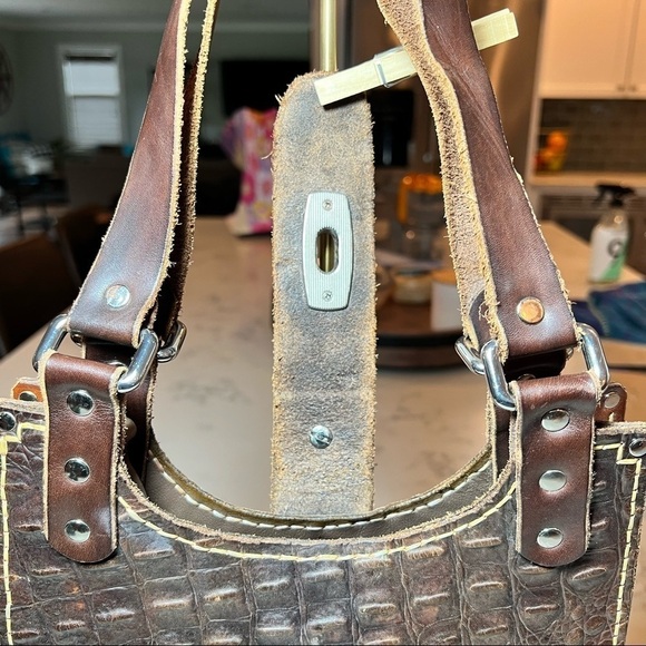 Handcrafted structured urban raw edge leather croc embossed shoulder bag NWOT - Picture 5 of 12